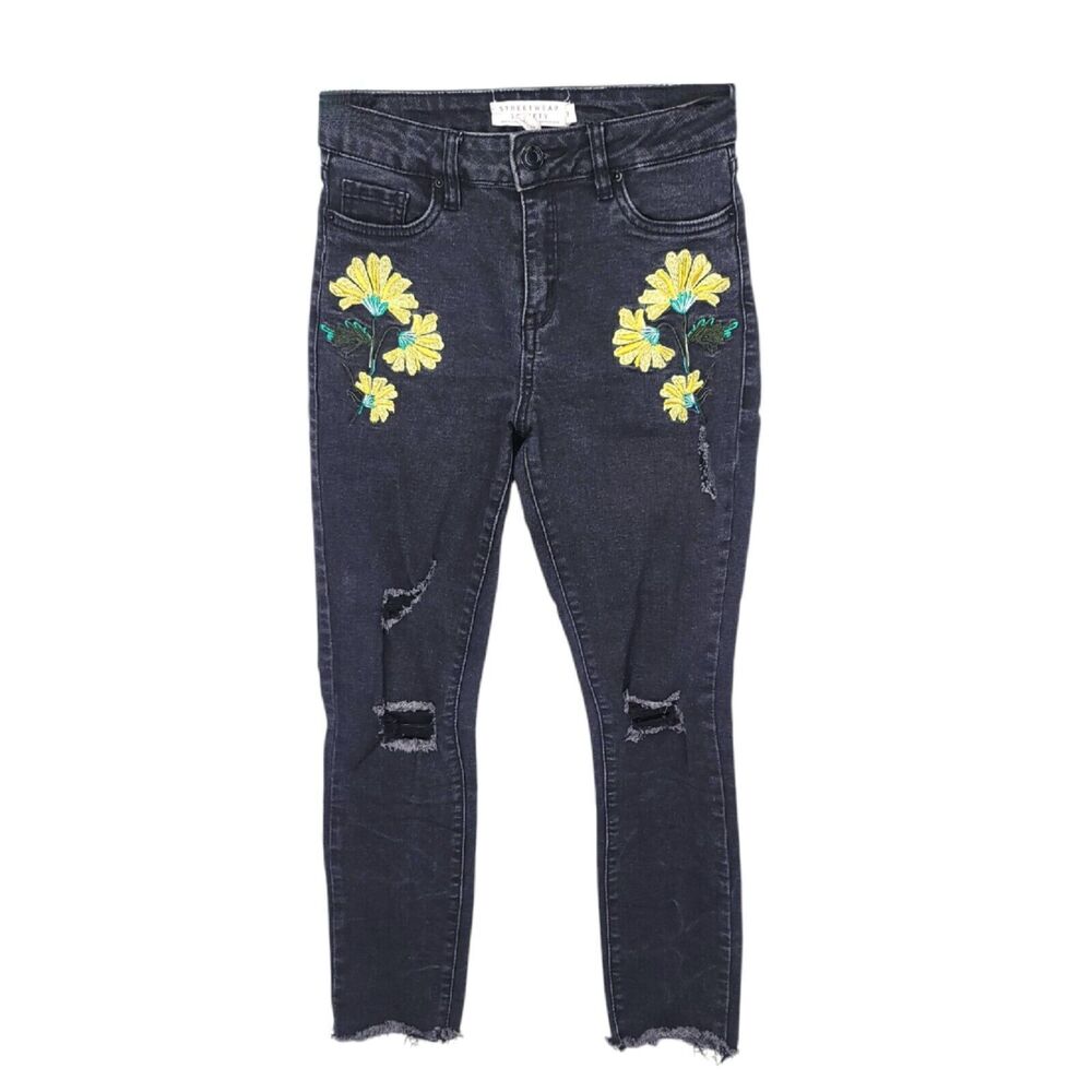 Streetwear Society Jeans Womens 3 Skinny Black Stretch Distressed Embroidered